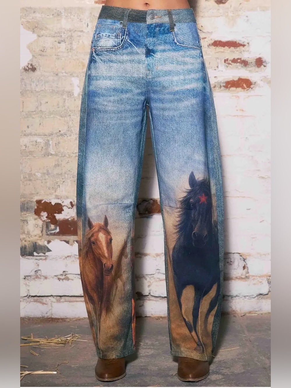 Graphic Horse Print Wide Leg Jeans in Blue